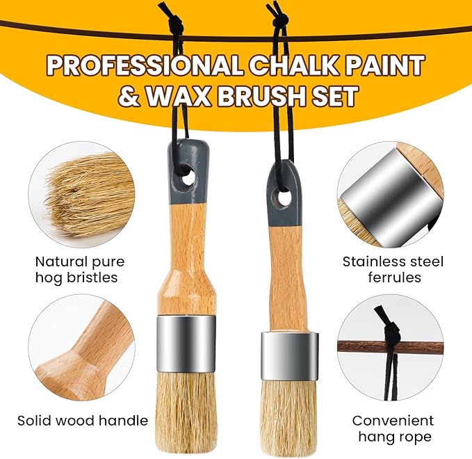 Chalk Paint Brush, 2 Pack Wax Brushes and Chalk Paint for Furniture DIY Art Crafts, Natural Bristle Round Oval Brush for All Painting and Waxing
