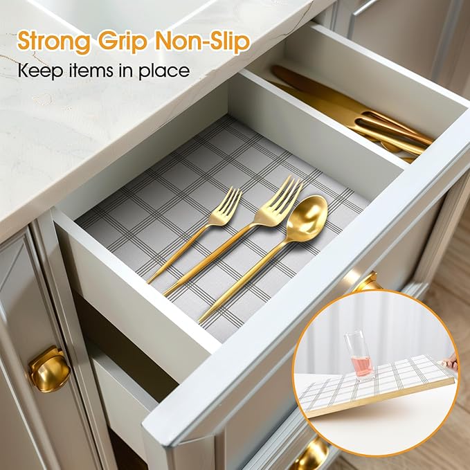 Shelf and Drawer Liner for Kitchen Cabinets Non-Adhesive, Strong Grip Non-Slip Thickened Cabinet Liners for Shelves, Waterproof Mats for Dresser Cupboard, White Square, 12 in x 20 Feet