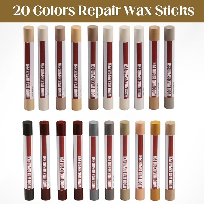 Wood Filler Sticks，20 Colors Wood Repair Wax Crayons Furniture Markers Touch up for Repairing Scratches, Scuffs, Cracks, Dings and Holes in Wood Floors, Cabinets, Furniture (Common Series)
