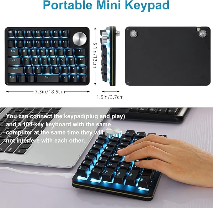 Koolertron One Handed Mechanical Gaming Keyboard with 24 Macro Keys, 45-Key Fully Programmable Mini Keypad, Mini USB Macro Keyboard with Rotating Knob, Blue Backlit, for Windows PC Gamers