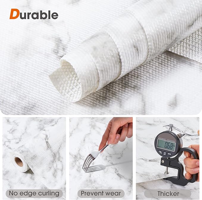 Drawer and Shelf Liner, Non-Slip Kitchen Cabinet Liners Non-Adhesive Thick Strong Grip Waterproof Washable Mats Protect Dresser Shelves Cupboard Bathroom Cabinets, White Marble, 12 in X 20 FT