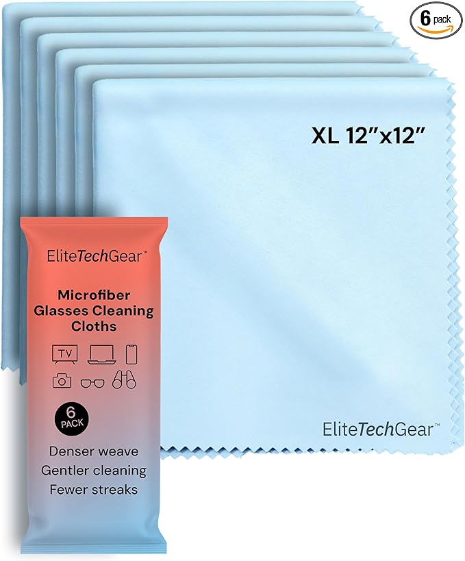 Elite Screens Microfiber Cleaning Cloths - 6-Pack, 6"×7" & 12"×12", Light Blue - Streak-Free Glasses Wipes - Travel-Ready Eyeglass Cleaning Wipes - Oversized Reusable Lens Care Cloths