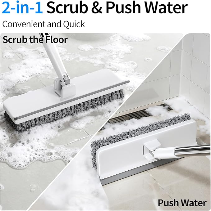 Floor Scrub Brush with 55" Long Handle, 2-in-1 Floor Brush with Built-in Squeegee, Adjustable Angle Head and Stiff Bristles for Tile, Wood, Concrete & Textured Floor Cleaning