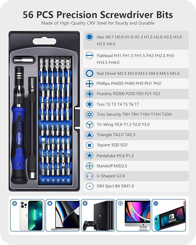 UnaMela Electronics Precision Screwdriver Set: 61 in 1 Small Magnetic Repair Tool Kit Mini Screw Driver with Case for Computer, Laptop, PC, iPhone, Xbox, PS4/5, Controller, Gamer Tech Gifts for Men