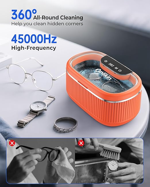 35W Ultrasonic Jewelry Cleaner, 45KHz Retainer Cleaner for Jewelry, 5 Timer & 3 Power Modes, Eyeglasses, Rings, Watch Strap, Dentures - 20oz, 304 Stainless Steel Tank, Quiet <38dB (Orange)