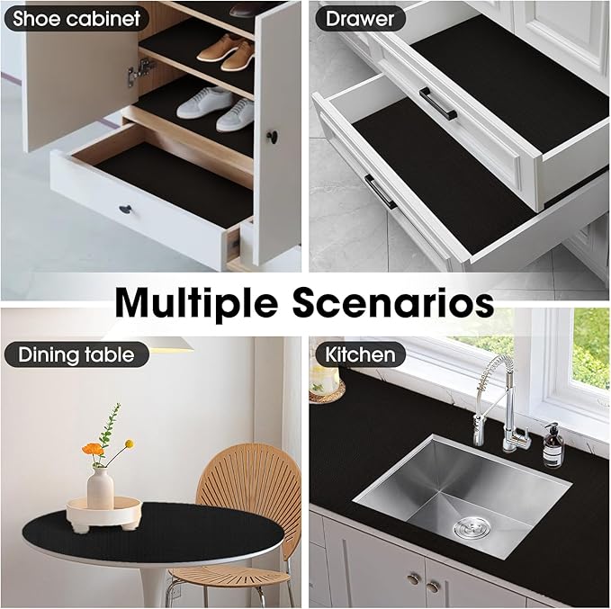 Drawer and Shelf Liner, Non-Slip Kitchen Cabinet Liners Non-Adhesive Thick Strong Grip Waterproof Washable Mats Protect Dresser Shelves Cupboard Bathroom Cabinets, Black, 18 in X 30 FT