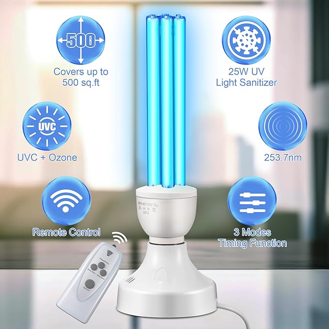 Qualirey 2 Pack 25 Watt UV Light Disinfection, UVC Light with E27 Base and Remote Control and UV Protection Glasses, Light Bulb for Basement/Bedroom/Kitchen, with Ozone