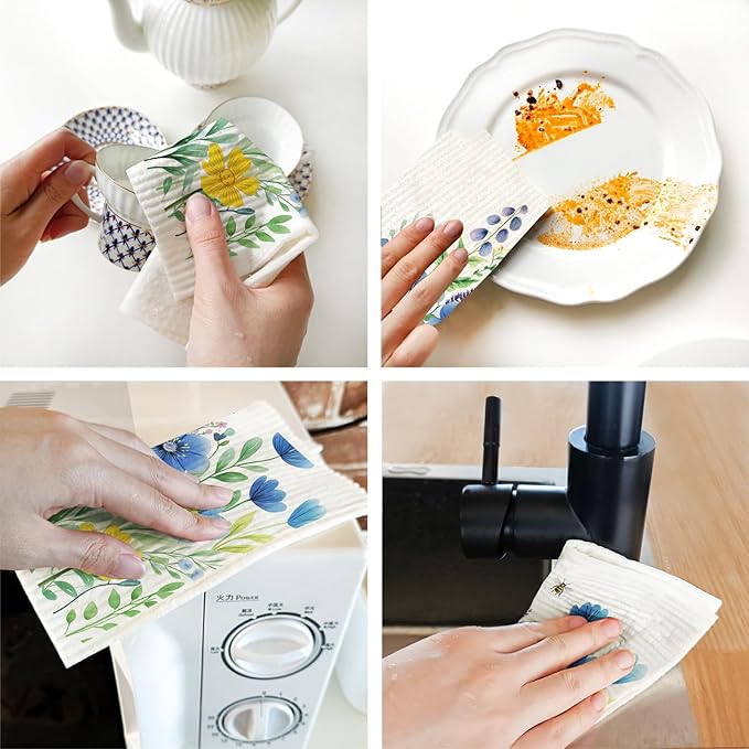 Morigins 12 Pack Swedish Dishcloths with 2 Push Towel Hooks - Reusable Dish Cloths for Washing Dishes, Napkins Cleaning Cloth Washable - Flower Set