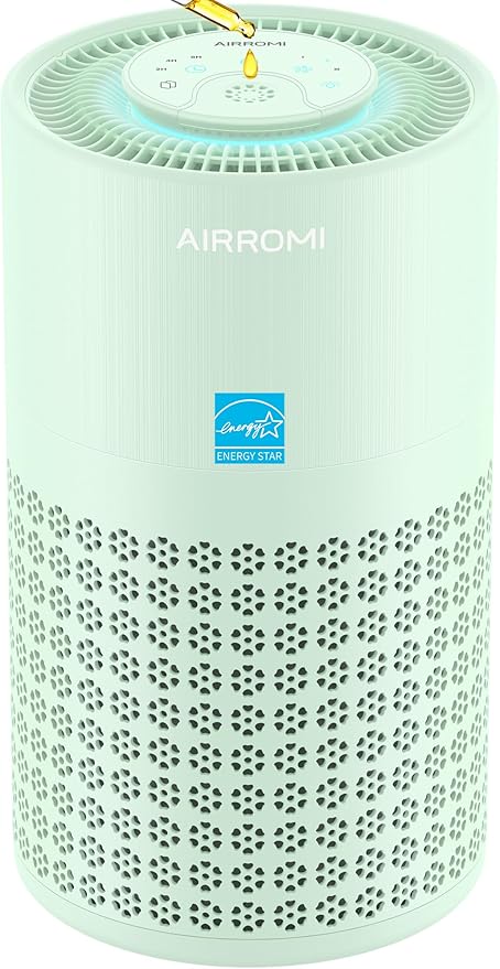 AIRROMI Air Purifier for Bedroom with HEPA 3-in-1 Filter, Pet Air Purifier for Home Cat Pee Smell, Covers Upto 990 Ft², Quiet 360°intake Air Cleaner for pet hair,allergies,Dust,Smoke A2001 Green
