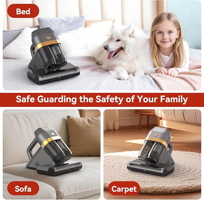 Mattress Vacuum Cleaner with 149°F Heat, 16KPa Powerful Suction, 253.7nm U V-C Light, 40,000 RPM Brushroll, HEPA Filter, Dual 400ml Dust Cups for Bed, Sofa, Pet Hair, Wired Corded Design