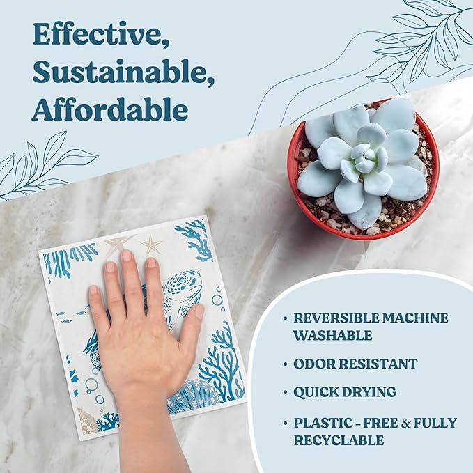 Swedish Dishcloths for Kitchen, Summer Coastal Turtle Kitchen Dish Towels for Washing Dishes, 4 Pack Reusable Paper Towels Washable, Sponge Cloths for Home Cleaning Baking Cooking Decor