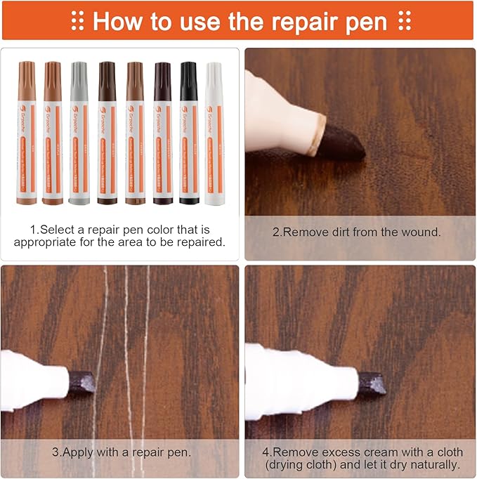 Wood Furniture Repair Kit, 8 Colors Wood Filler Touch Up Markers with Wax Sticks, Markers Furniture Repair Scratches, Cracks, Discoloration On Door, Cabinet, Laminate Floor Repair Kit Touch Up Paint