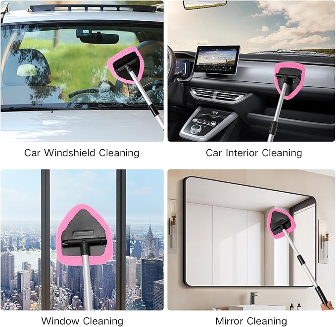7pcs Windshield Cleaner Tool Car Window Cleaning Wash Kit with 4 Reusable Microfiber Pads 1 Spray Bottle and Extendable Handle Auto Glass Wiper Kit, Pink