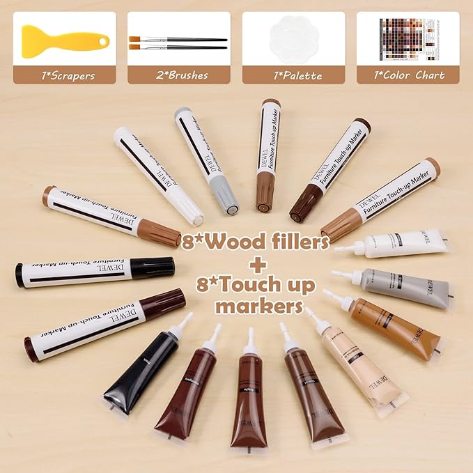 SEISSO Wood Furniture Repair Kit- 8 Colors Wood Fillers and Touch Up Markers, New Upgrade Wood Repair Kit, Wood Markers for Scratches Stains- Restore Wooden Table, Cabinet, Floors, Door, 20 Sets