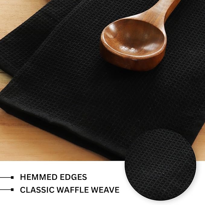 PurpleEssences Waffle Weave Kitchen Towel, 100% Cotton - 15x25 Inches, with Hanging Loop Ultra Soft Absorbent Quick Drying Dish Cloth, Tea and Hand Towels, 6 Pack - Christmas Holiday Winter - Black