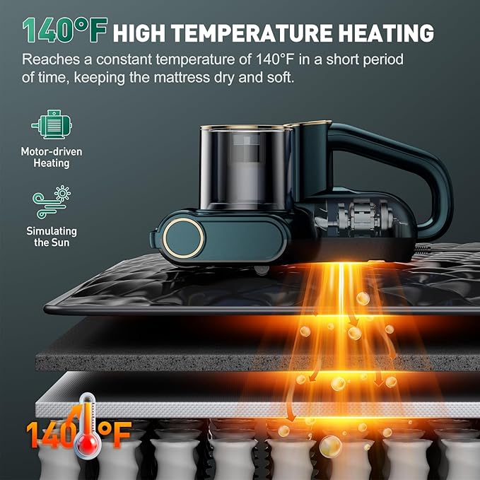 Mattress Vacuum Cleaner, Bed Vacuum Cleaner with 16Kpa Suction 253.7nm UV-C Light, Ultrasonic & High Heating, 500W Powerful Double-Cup Handheld Vacuums for Bed, Sofa, Couch, Crib, 16.4FT Corded