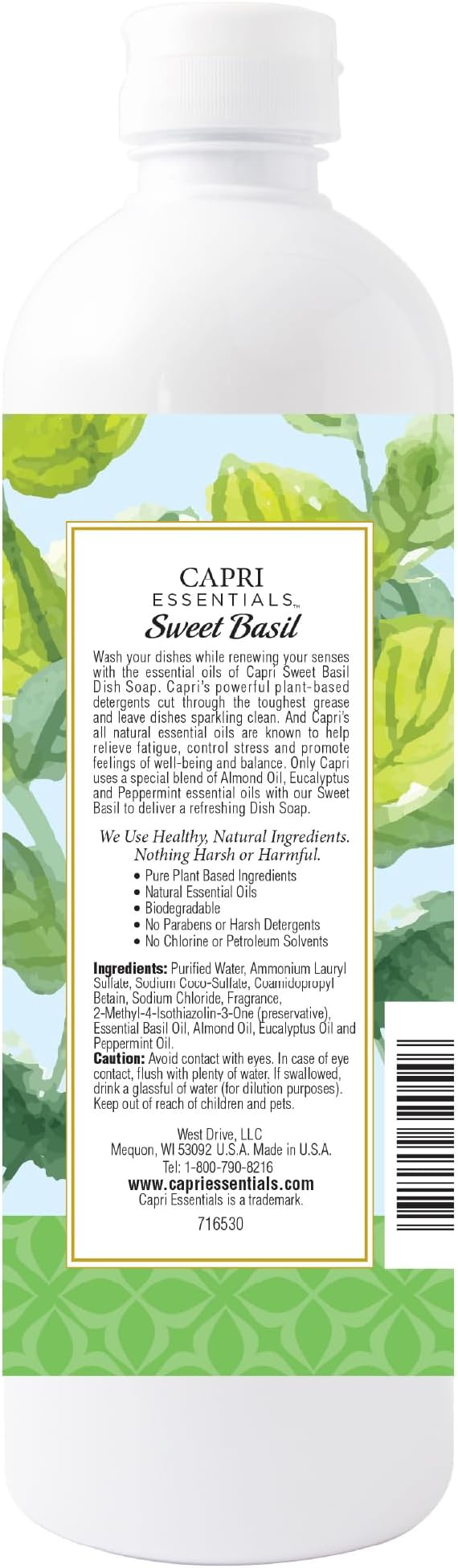 CAPRI ESSENTIALS Dish Soap Liquid, Natural Household Cleaning, Plant Based Aromatic Dish Detergent, Blend of Essential Oils with Almond Oil, Eucalyptus & Peppermint, Sweet Basil, 16 FL Oz (6 Pack)