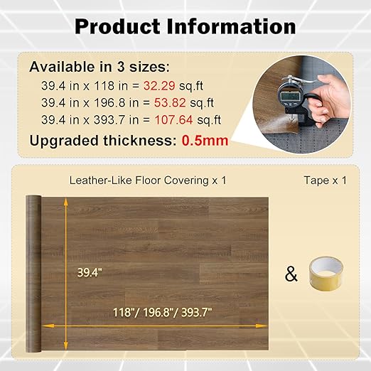 Freshtour Vinyl Flooring Roll, Versatile Removable PET Leather-Like Floor Covering, Waterproof & Durable, Easy Tape Installation, Cost-Effective for Any Room, Nature Oak/ 107.6 Sq.ft (39.3" x 393.7")