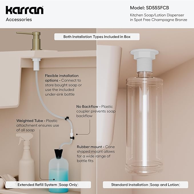 Karran SD55 Kitchen Soap Dispenser – Premium Lead-Free Brass, Dual Refill Options, 47" Undermount Tube for Large Bottles, Self-Priming Pump, Commercial-Grade Durability Spot Free Champaigne Bronze