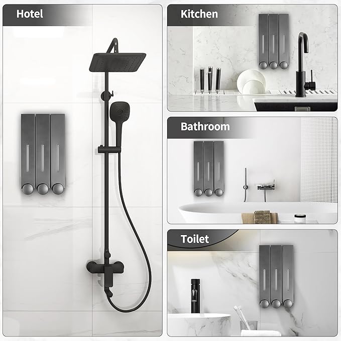 Shower Shampoo Dispenser 3 Chamber-Wall-Mounted Soap Dispenser for Bathroom,No-Drill Installation,42.6 oz Capacity,Shampoo Conditioner Body Wash Dispenser,Wall Mount Soap Dispenser for Shower