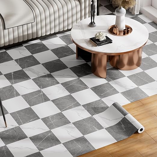 Peel and Stick Floor Tile Vinyl Flooring Roll Self Adhesive 15.75"x 393"/43 Sq.Ft Linoleum Laminate Flooring Roll Grey&White Marble Color Waterproof Floor Sticker for Home Room Improvement