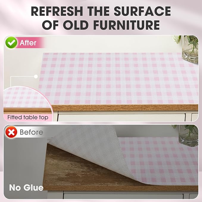 Drawer and Shelf Liner, Non-Slip Kitchen Cabinet Liners Non-Adhesive Thick Strong Grip Waterproof Washable Mats Protect Dresser Shelves Cupboard Bathroom Cabinets, Pink Plaid, 12 in X 20 FT