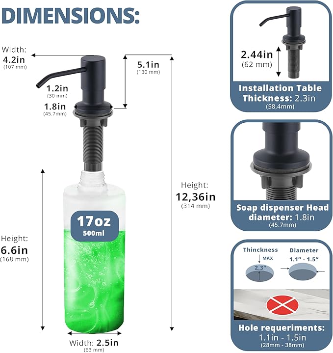 SBEN Built-in Kitchen Sink Soap or Lotion Dispenser Set, Stainless Steel, Matte Black Pump, 17 oz PET Bottle, Durable ABS Head, 360° Rotation (Matte Black)