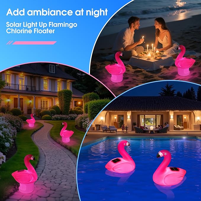Blufree Pool Chlorine Floater, Solar Flamingo Chlorine Tablet Floater w/Adjustable Release, Glow in The Dark Large Capacity Floating Chlorines Dispenser for Pool Hot Tub Spa