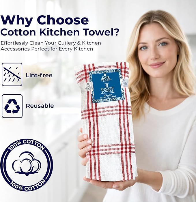 DAN RIVER Premium Kitchen Towels - [Pack of 6] 100% Cotton (16x 26 Inches) -Super Soft,Highly Absorbent, Quick Dry, Dish Towels for Kitchen Towels - Red