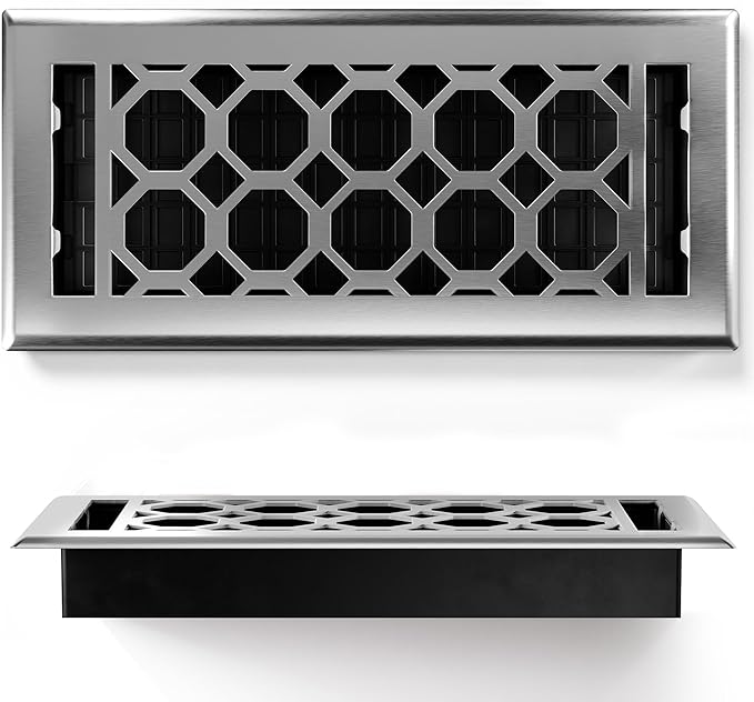 Floor Register 4x10 Vent Cover – 2 Pack – Heavy-Duty Steel, Rustproof & Walkable Grates, Drop-in Install, Adjustable Air Supply Switch - Decorative Honeycomb Design, Brushed Nickel