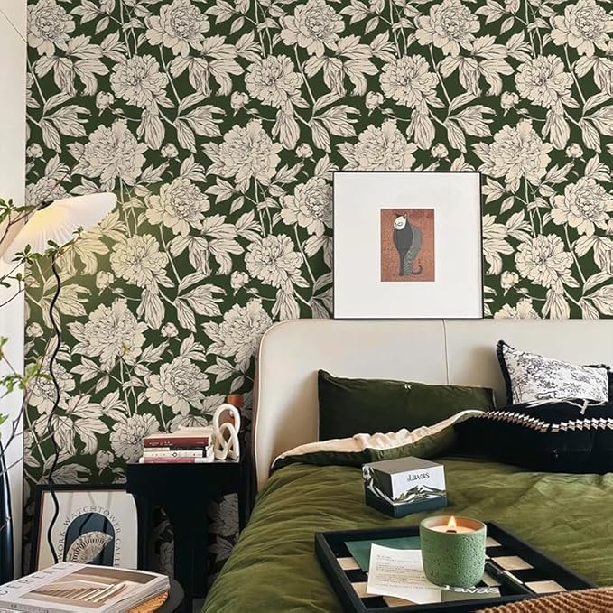 Peel and Stick Wallpaper Contact Paper for Cabinets Drawers Green Beige Floral Flower Vintage Design 17.5x118in Self Adhesive Wall Removable Desk Bedroom Moody Renter Friendly Modern
