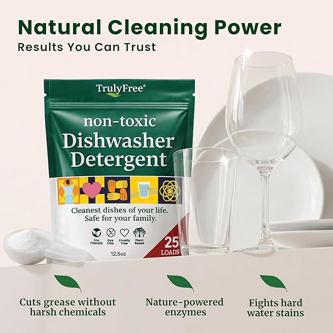 Truly Free Dishwasher Detergent Powder | Natural Dish Detergent, Dishwasher Soap | Plastic Free, Plant-Based, Clean, Heavy Duty Hard Water Stain & Grease Remover | Fragrance Free | 12.5 oz (Pack of 1)