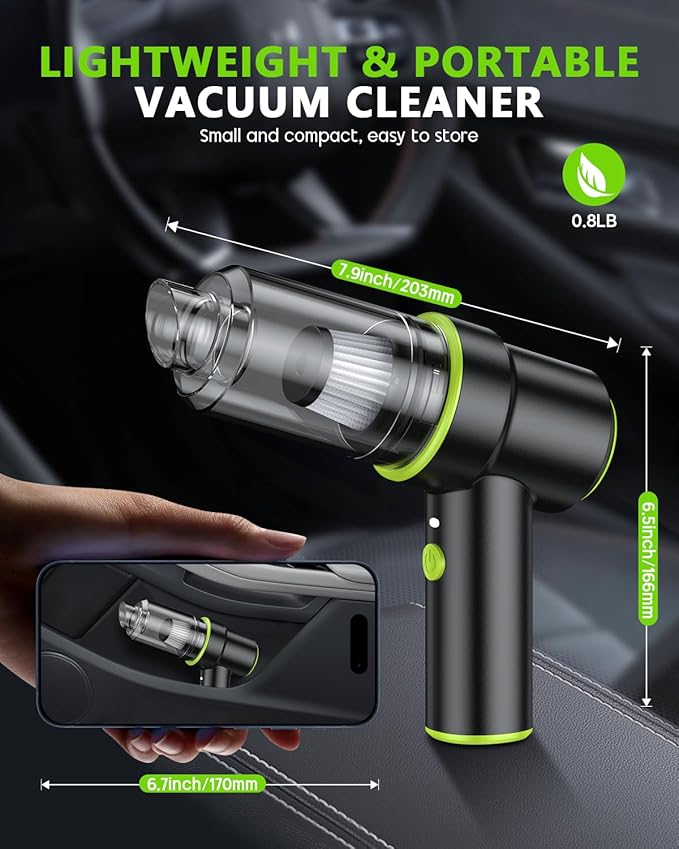 KMM Handheld Car Vacuum Portable Cordless 12000PA, 2 in 1 Handheld Vacuum Cleaner and Air Duster with Multi-Nozzles and LED Light, Mini Hand Held Vacuum Rechargeable for Home, Car, Office, Pet Hair