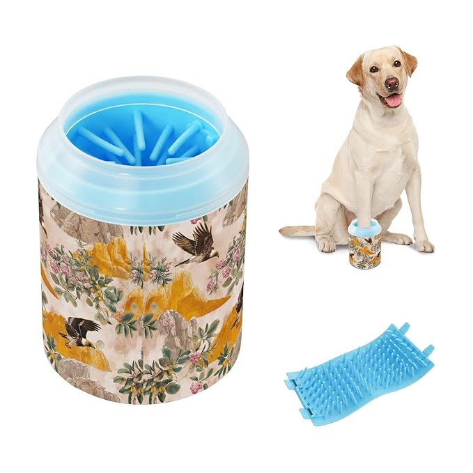 Dog Paw Cleaner Cups for Dogs Pets Foot Washer Paw Scrubber for Medium Small Cats Dogs Cute Cleaning Cup Beige Eagles Flowers Rocks Plants