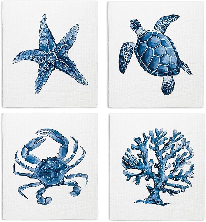 Swedish Dishcloths for Kitchen, Coastal Summer Ocean Beach Decor Kitchen Dish Towels for Washing Dishes, 4 Pack Reusable Paper Towels Washable, Sponge Cloths for Cleaning Home Kitchen Decor