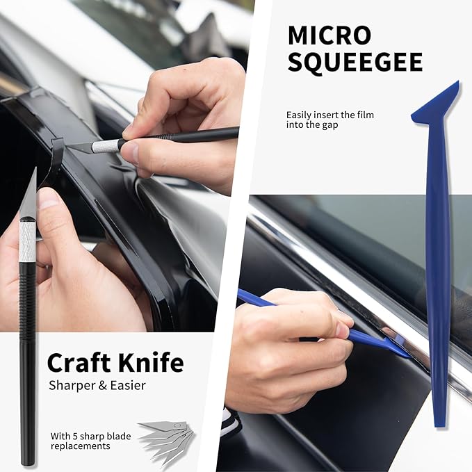 Window Tint Kit, Profession Car Wrap Kit with Felt Squeegee and Felt Replacements, Craft Knife and Blades, Safe Vinyl Cutter, Micro Squeegee for Vinyl Wrap Tools Tint Tools
