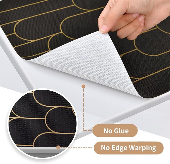 Shelf Liners for Kitchen Cabinets Drawer Liner 12in x 30FT Non Adhesive Black Gold Line Thickened Refrigerator Shelf Liner Paper Strong Easy to Clean for Tool Box with Knife and Tape Measure
