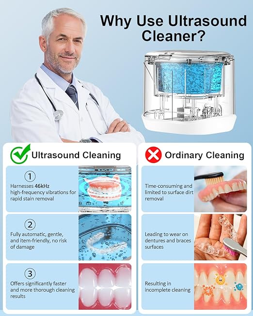BCOM Retainer Cleaner,Ultrasonic Retainer Cleaner 46kHz, 2 -in-1 Jewelry & Retainer Cleaner Machine Dental Cleaning Pod Professional Portable for Retainer,Mouth Guard, Ring and Jewelry New Year Gift