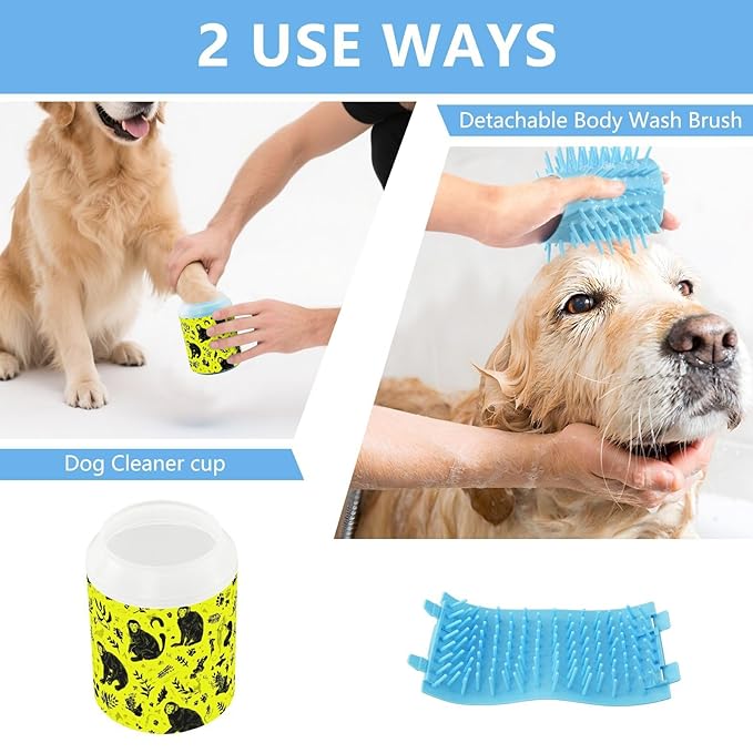 Dog Paw Cleaner Cups for Dogs Pet Foot Washer Paw Scrubber for Medium Small Large Dogs Cats Cleaning Cup Yellow Monkeys Plants