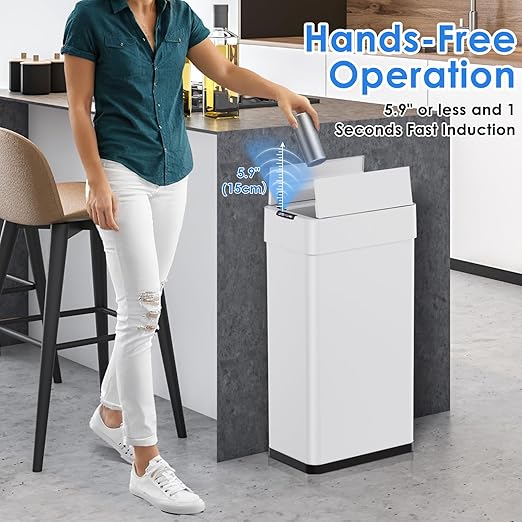 Arlopu 21.1 Gal Automatic Trash Can, 80L Stainless Steel Motion Sensor Garbage Bin, Touchless Brushed Wastebasket, W/Butterfly, Soft-Close Lid, for Living, Dinning Room, Kitchen (White)