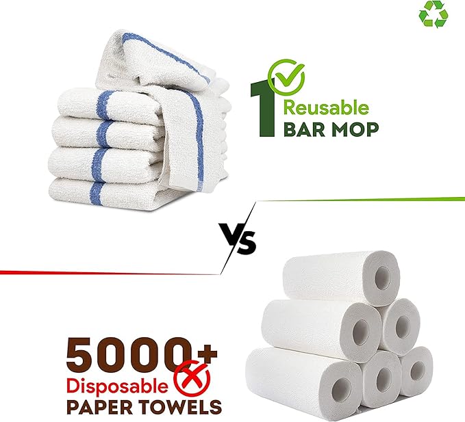 Bar Mops Blue Stripe Pack of 24 Kitchen Towels 16x19 Multi-Purpose for Home, Restaurant and Cleaning White Absorbent Washcloth Dishcloths Sets, Reusable Dish, Cloths Rags