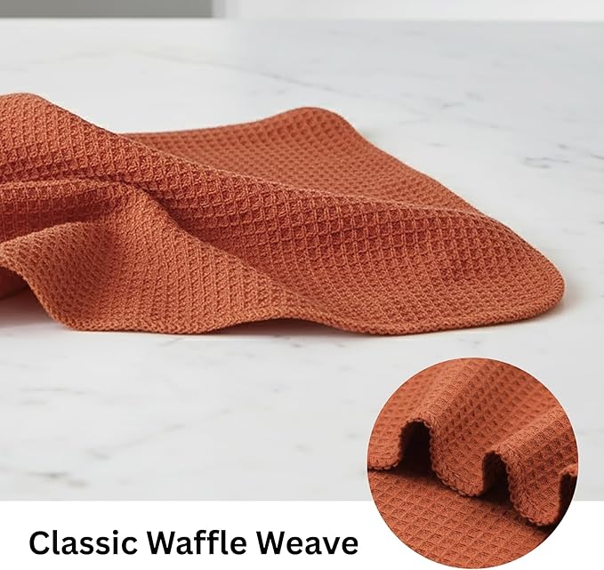 PurpleEssences Dish Cloths and Dish Rags - 8 Pack Waffle Weave Solid Kitchen Dish Wash Cloths, 100% Cotton, 12 x 12 Inches, Ultra Soft Absorbent Quick Drying - Christmas Holiday Winter - Rust