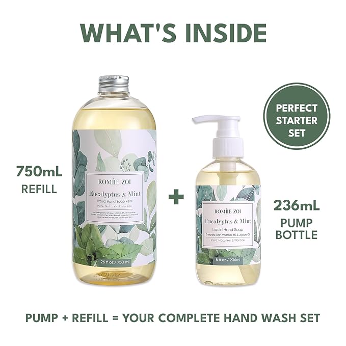 ROMIIE ZOI Liquid Hand Soap Gift Set, 750ml Refill + 236ml Liquid Soap, Cruelty-Free, Moisturizing Formula with Essential Oils, For Sensitive Skin, Eucalyptus Mint Scent, For Kitchen & Bathroom
