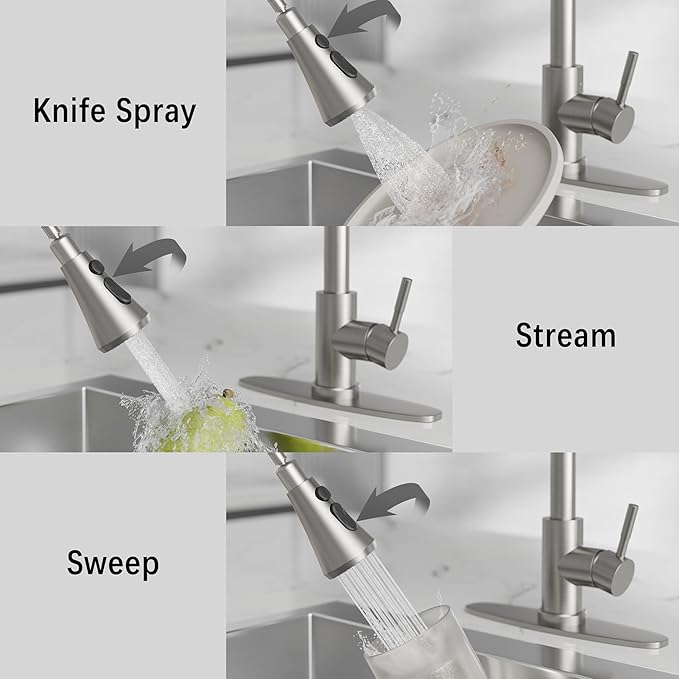 VXV Kitchen Faucets, Brushed Nickel Kitchen Faucet with Pull-Down Sprayer, Stainless Steel Sink Faucet for Farmhouse, RV, and Bar, Pull Out Kitchen Faucet with Deck Plate and 1/2'' Adapters