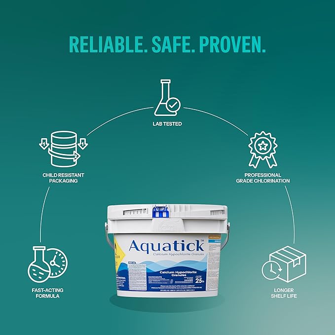 Aquatick Calcium Hypochlorite Pool Shock, 68% Available Chlorine, Non-stabilized granules for Swimming Pools, Designed to Help Control Algae and Maintain Clear Water, 25 lb Bucket