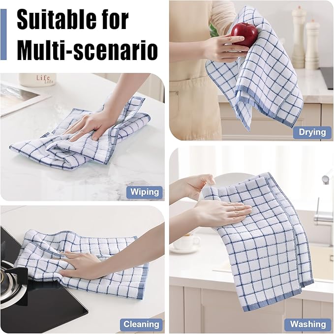 Homaxy Premium Kitchen Towels(16”x 28”, 8 Pack), Large Ring Spun Cotton Dish Towels, Super Absorbent Soft Terry Kitchen Hand Towels, Check Design Tea Towel Set with Hanging Loop, Navy Blue