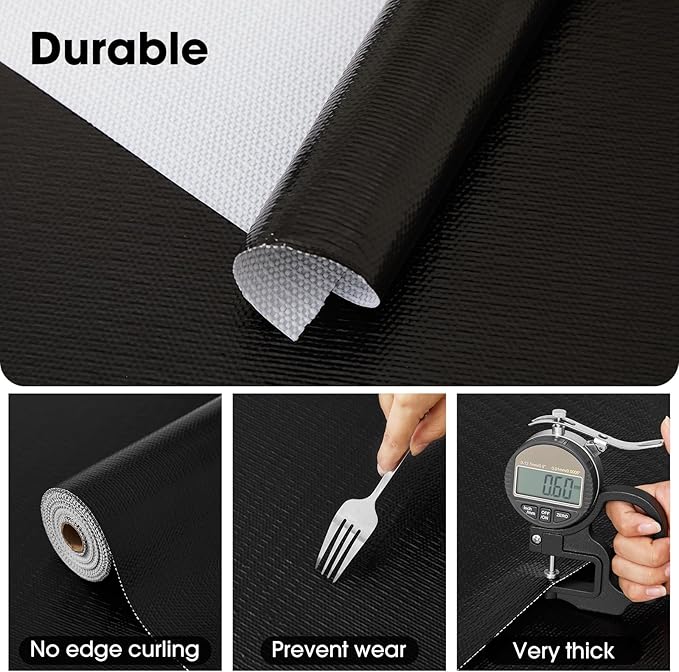 Drawer and Shelf Liner, Non-Slip Kitchen Cabinet Liners Non-Adhesive Thick Strong Grip Waterproof Washable Mats Protect Dresser Shelves Cupboard Bathroom Cabinets, Black, 18 in X 10 FT
