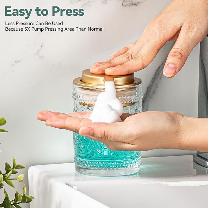 Glass Foaming Soap Dispenser - 8 Oz Foam Hand Soap Dispenser for Bathroom, Face Wash Dispenser Bottle with Golden Foam Pump, Refillable Lotion Dish Dispenser for Kitchen