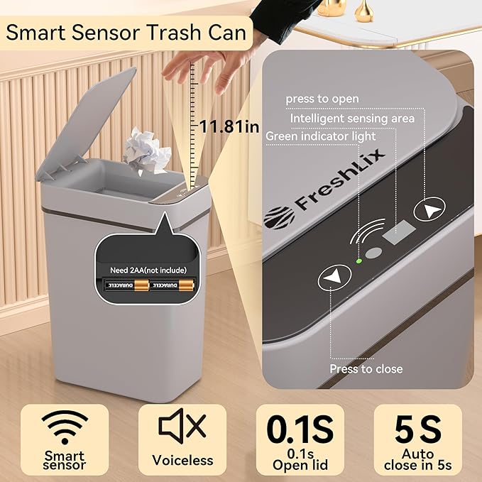 3 Pack Bathroom Trash Can 2.6 Gallon Small Touchless Automatic Motion Sensor Trash Cans Slim Waterproof Garbage Bin with Lid for Kitchen, Office, Bedroom Black White Grey