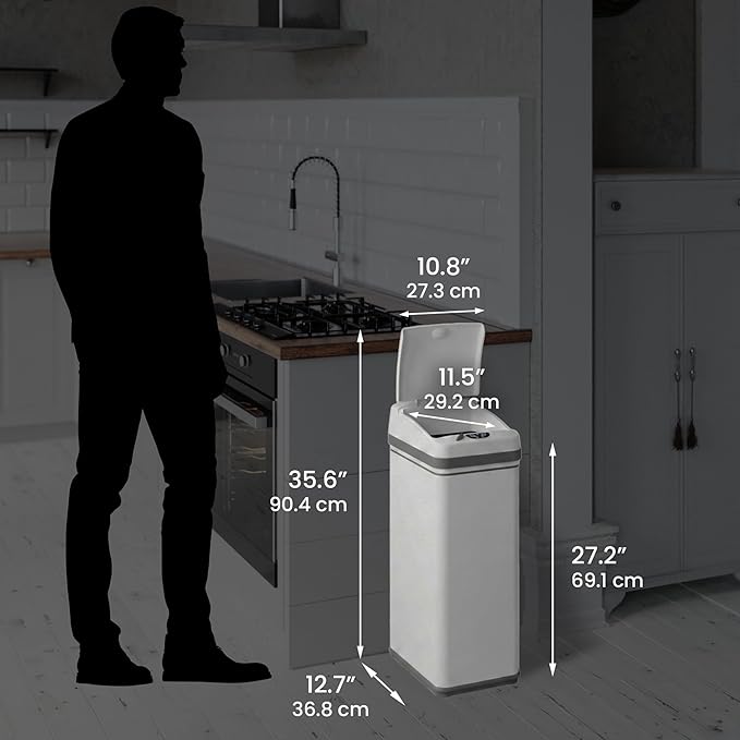 iTouchless 13 Gallon Kitchen Trash Can with Odor Filter, Automatic Motion Sensor Bin, Soft-Close Stainless Steel, Slim Wastebasket for Narrow Spaces, White